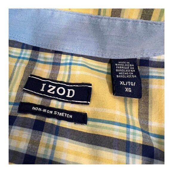 Izod Shirt Short Sleeve Button Down Plaid Yellow Blue Non Iron Stretch Classic - Picture 2 of 6